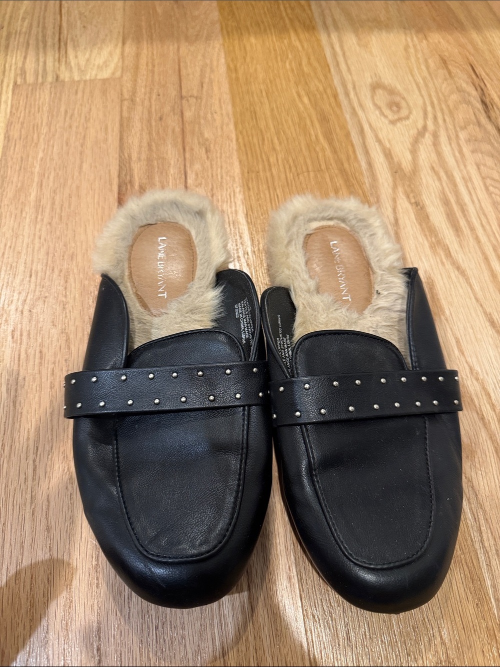Lane Bryant Black Faux-Fur Lined Studded Backless Mules